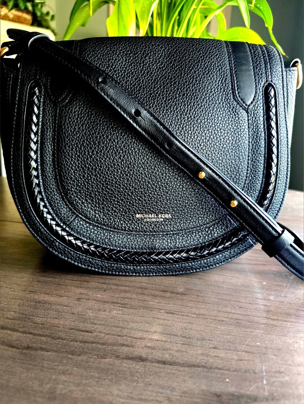 Michael Kors Collection Skorpios Black Leather Crossbody Saddle Bag W/ COA
